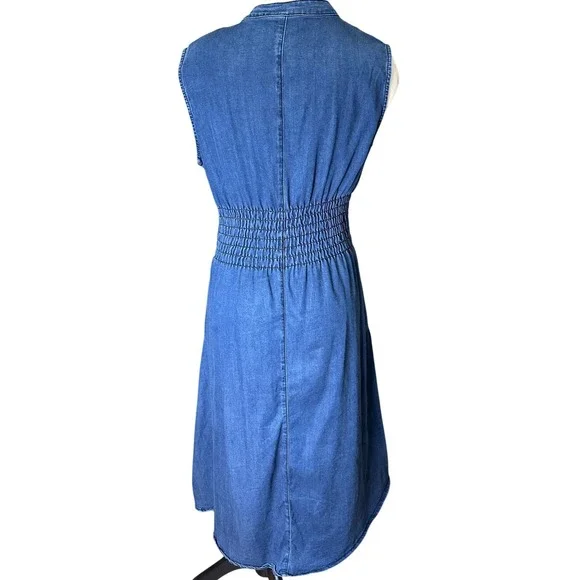 Indigo Poppy Denim Shirtdress Midi Elastic Waist Full Zip Sleeveless Women's M - Picture 4 of 8